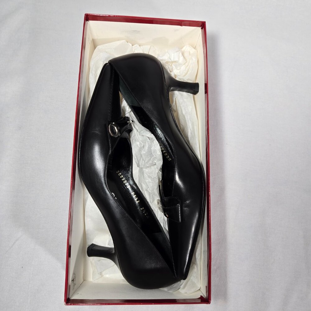 Vintage SALVATORE FERRAGAMO-GESSICA Black Leather Pointed Kitten Pump Sz 7.5 2A - Picture 15 of 16